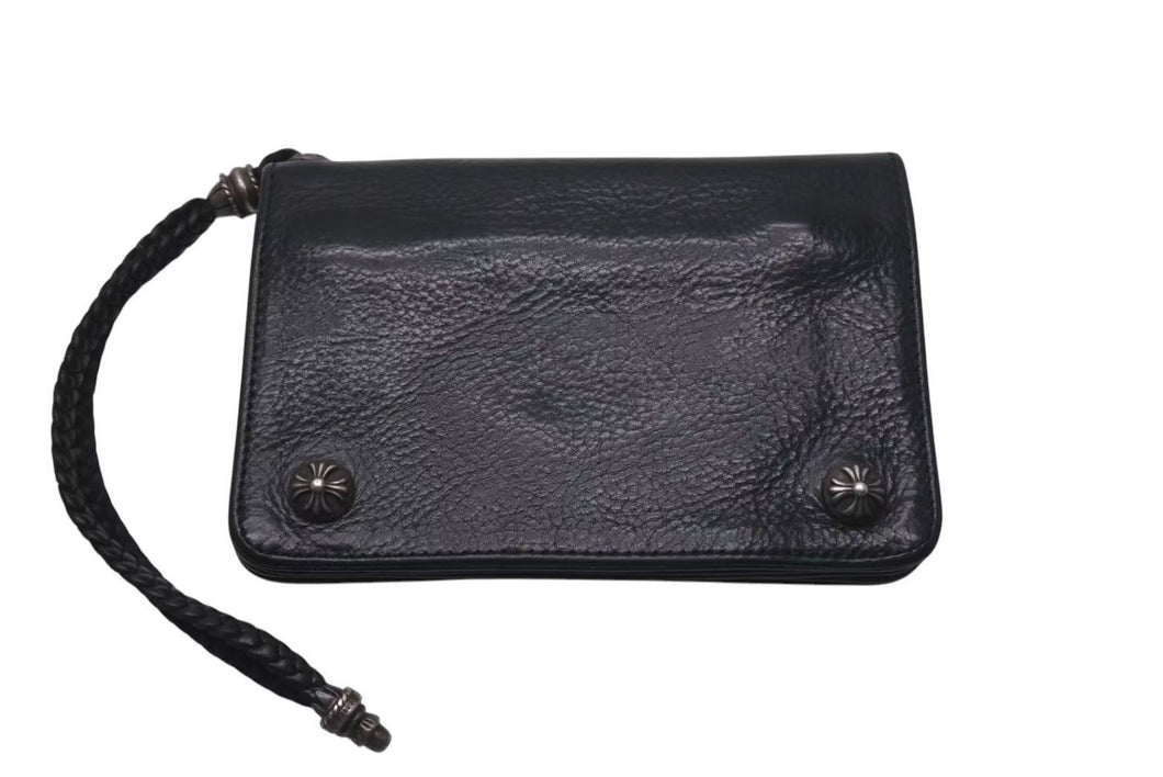 CHROME HEARTS クロムハーツ 2ZIP ウォレット クロスボタン レザーウォレット 二つ折り財布 レザー シルバー925 ブラック 美品 中古 4c074299