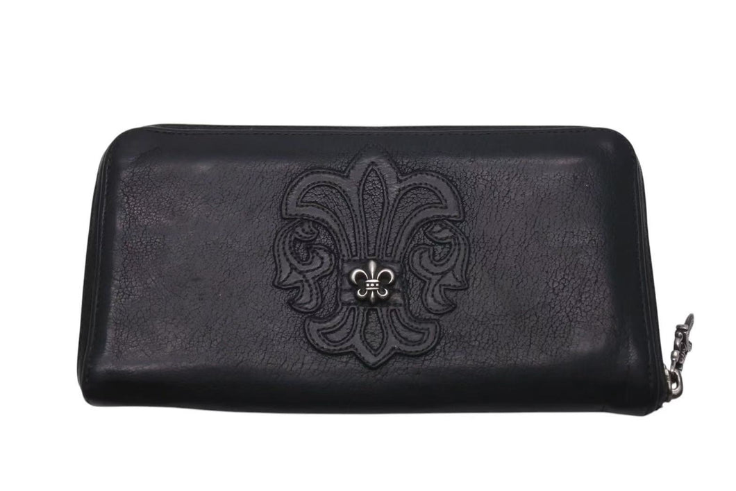CHROME HEARTS クロムハーツ 長財布 BSフレア ウォレットダガー ラウンドジップ レザー ブラック シルバー925 美品 中古 4c074300