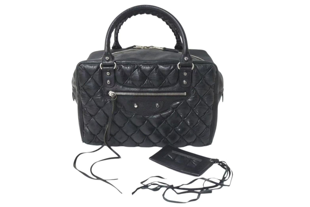 BALENCIAGA バレンシアガ マトラッセ シティ ハンドバッグ ブラック カーフ シルバー金具 ミニボストン 鞄 168031 美品 中古 4c074324