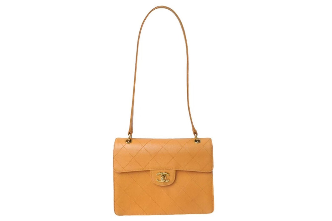 CHANEL シャネル マトラッセ ショルダーバッグ オレンジ 5番台 キャビアスキン ゴールド金具 美品 中古 4c074394