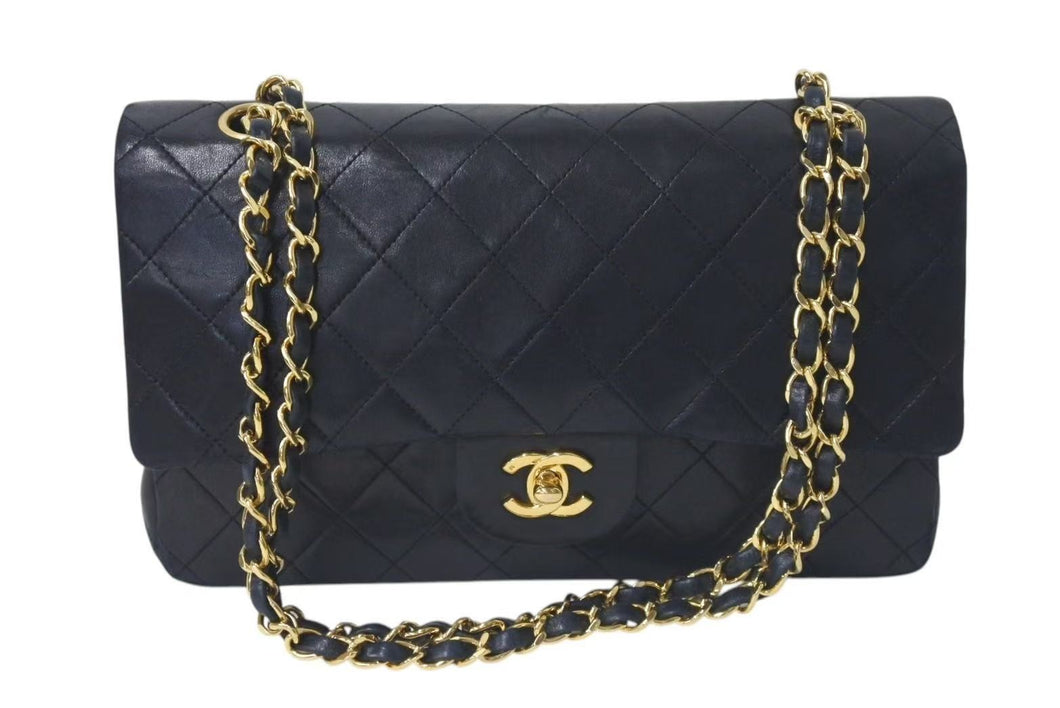 CHANEL シャネル マトラッセ25 Wフラップ Wチェーンショルダーバッグ 1番台 ラムスキン ココマーク ブラック ゴールド金具 美品 中古 4c074396