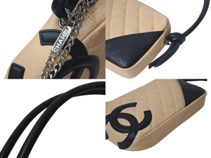 極美品 CHANEL シャネル ポーチ ハンドバッグ カンボンライン ココマーク 9番台 ラムスキン ベージュ ブラック 中古 4c074402