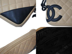 極美品 CHANEL シャネル ポーチ ハンドバッグ カンボンライン ココマーク 9番台 ラムスキン ベージュ ブラック 中古 4c074402