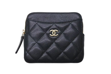 極美品 CHANEL シャネル マトラッセ コンパクトウォレット コインケース 30番台 キャビアスキン ブラック ゴールド金具 中古 4c074452