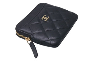 極美品 CHANEL シャネル マトラッセ コンパクトウォレット コインケース 30番台 キャビアスキン ブラック ゴールド金具 中古 4c074452