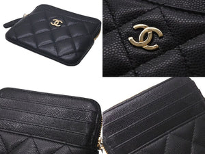 極美品 CHANEL シャネル マトラッセ コンパクトウォレット コインケース 30番台 キャビアスキン ブラック ゴールド金具 中古 4c074452