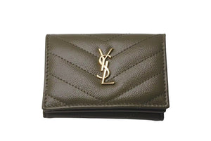 極美品 SAINT LAURENT サンローラン 三つ折り財布 オリガミ マトラッセ タイニーウォレット カーキ ゴールド金具 中古 4c074454 