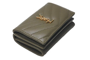 極美品 SAINT LAURENT サンローラン 三つ折り財布 オリガミ マトラッセ タイニーウォレット カーキ ゴールド金具 中古 4c074454 