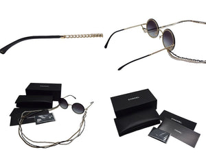 CHANEL シャネル 3連チェーン サングラス パール レザー ブラック レザー GP メタル OCH4245 ゴールド金具 中古 4c074460