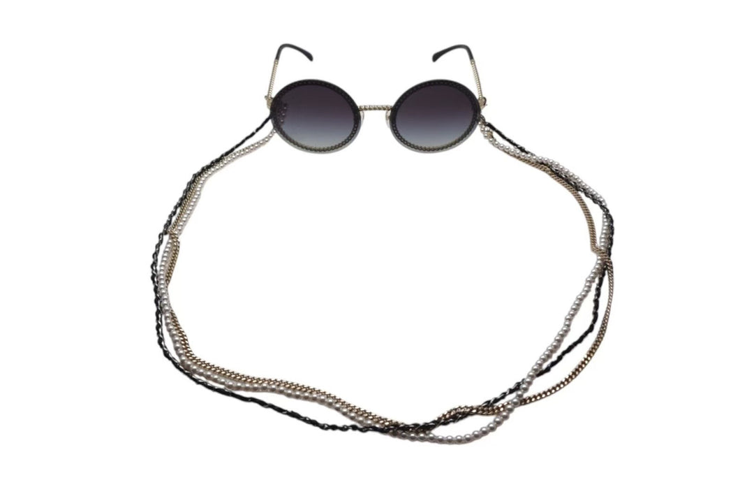 CHANEL シャネル 3連チェーン サングラス パール レザー ブラック レザー GP メタル OCH4245 ゴールド金具 中古 4c074460