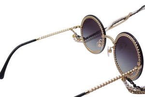 CHANEL シャネル 3連チェーン サングラス パール レザー ブラック レザー GP メタル OCH4245 ゴールド金具 中古 4c074460