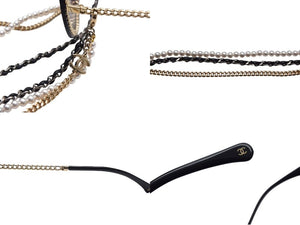 CHANEL シャネル 3連チェーン サングラス パール レザー ブラック レザー GP メタル OCH4245 ゴールド金具 中古 4c074460