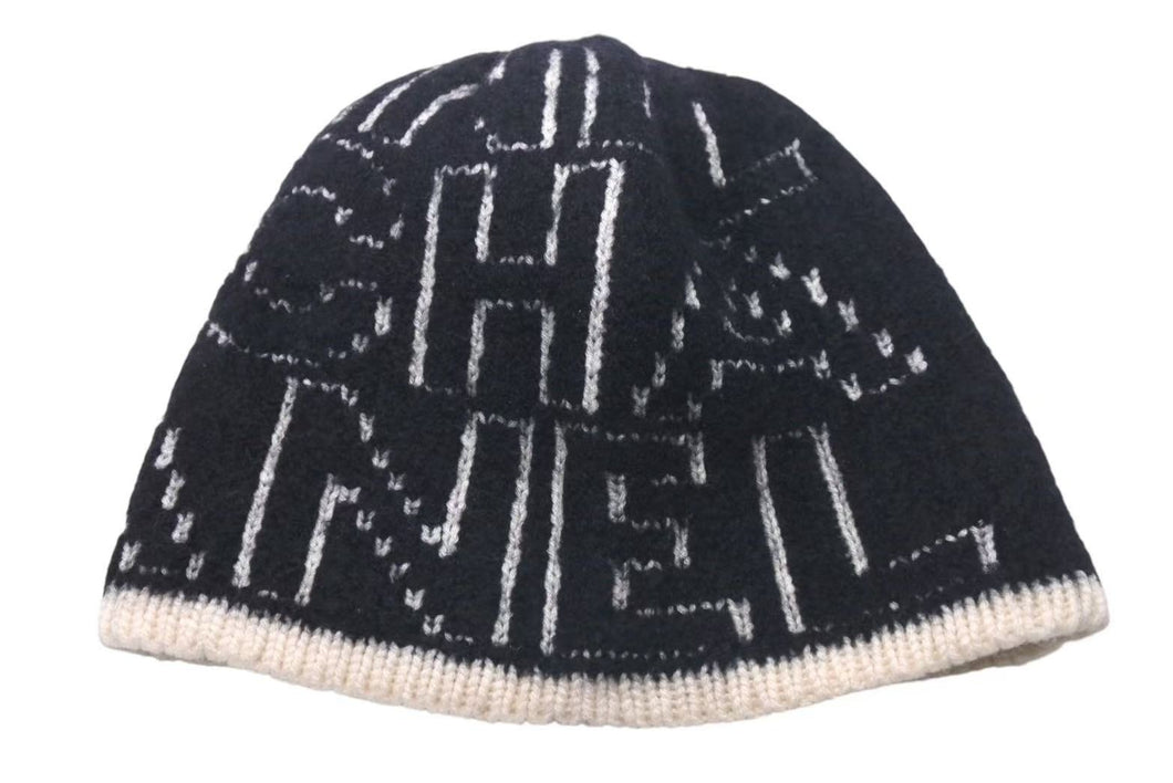CHANEL シャネル Cashmere Wool Silk Logo Beanie Black White カシミヤ ウール シルク ビーニー 美品 中古 4c074470