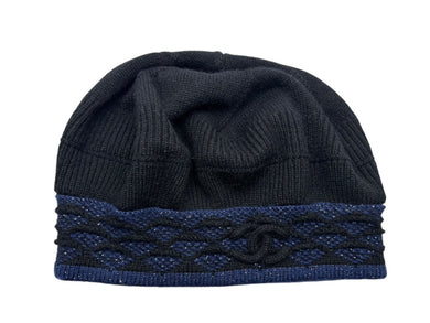 CHANEL シャネル ベレー帽 ニット帽 ニットベレー ココマーク ブラック ブルー 金属繊維 帽子 美品 中古 4c074476