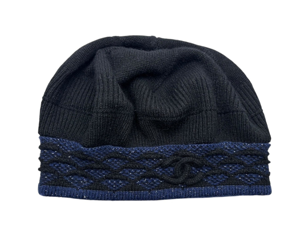 CHANEL シャネル ベレー帽 ニット帽 ニットベレー ココマーク ブラック ブルー 金属繊維 帽子 美品 中古 4c074476