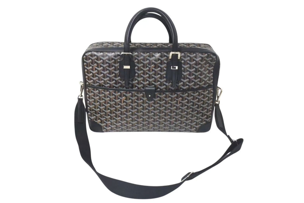 GOYARD ゴヤール ビジネスバッグ アンバサードMM ブリーフケース ブラック ゴヤールディンキャンバス シルバー金具 美品 中古 4c074485