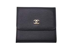 新品未使用 CHANEL シャネル 三つ折り財布 ココマーク 6番台 フランス製 レザー メタル ブラック ゴールド金具 中古 4c074503 正規品
