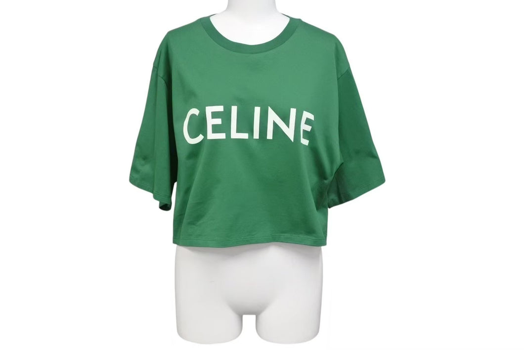 CELINE セリーヌ Crop Top Logo T Shirt クロップド ロゴ T シャツ グリーン レディース 2X761501F 美品 中古 4c074509