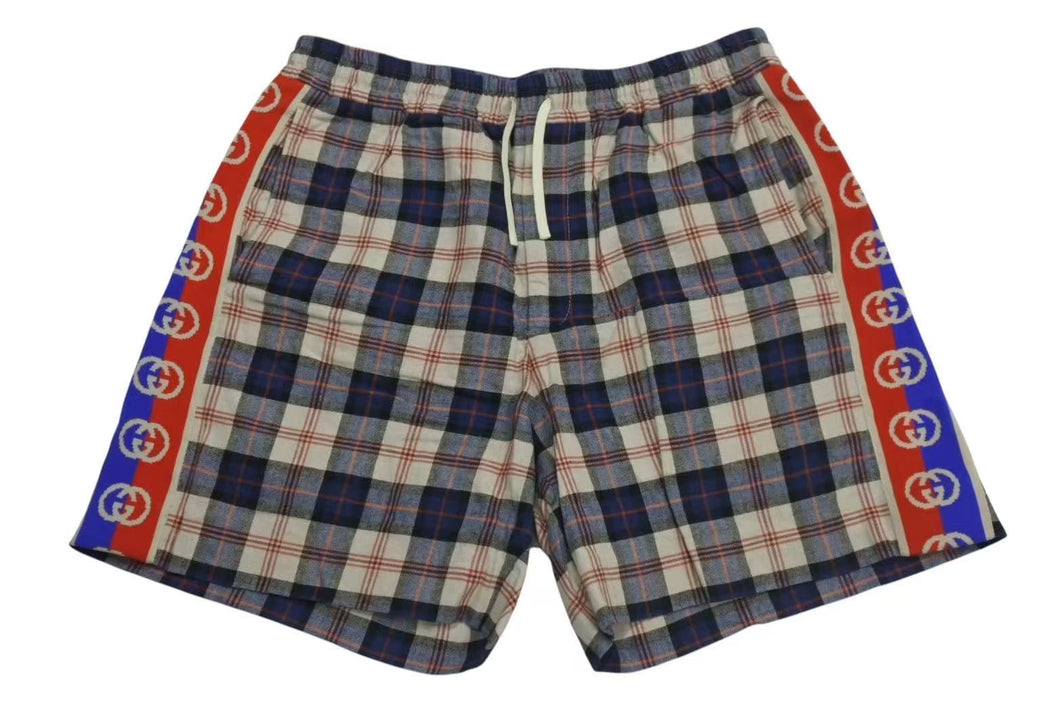 極美品 GUCCI グッチ サイドラインチェックリネン コットンショーツ コットン麻リネン レッドブルーベージュ サイズ48 中古 4c074671 