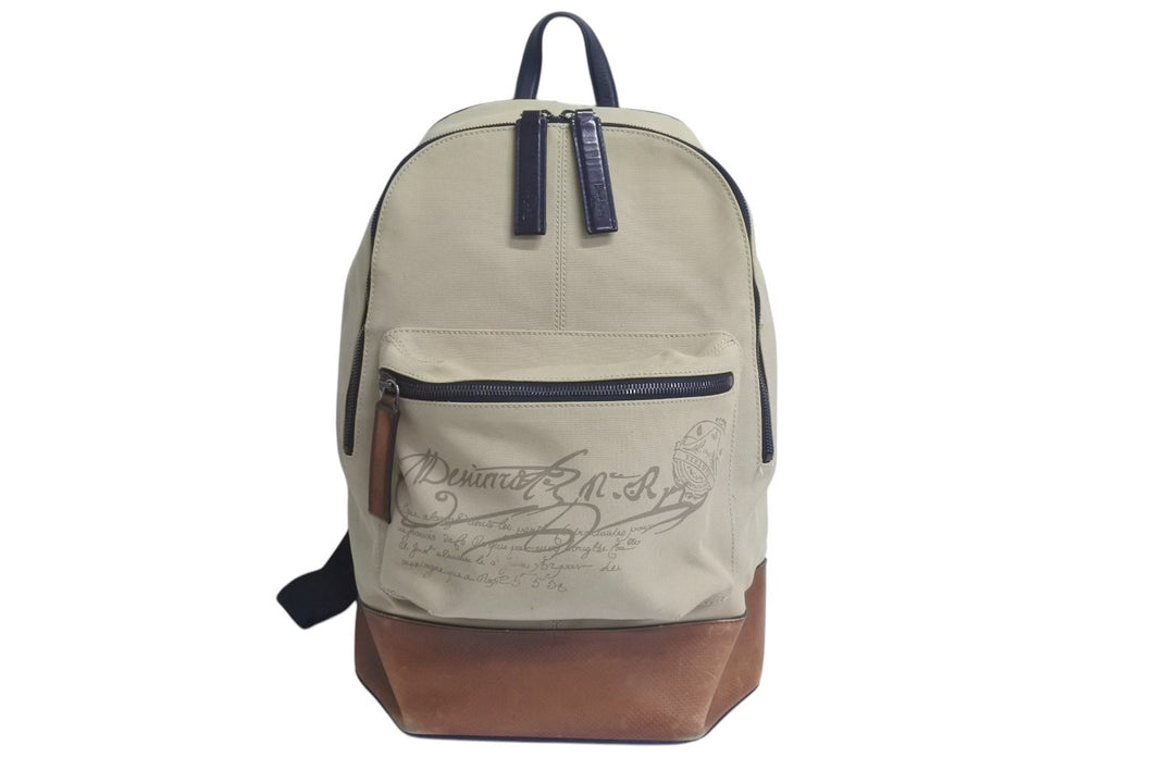 Berluti ベルルッティ カリグラフィ バックパック リュック G0118 ベージュ ブラック ブラウン コットンキャンバス レザー 美品 中古 4c074719