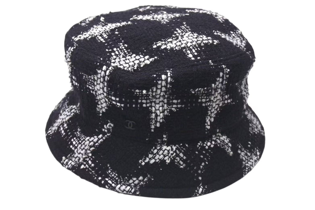 CHANEL シャネル バケットハット ツイード 帽子 サイズL ロゴ刺繍 ブラック ホワイト コットン 美品 中古 4c074797