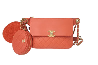 極美品 CHANEL シャネル マトラッセ キルティング ベルトバッグ 2019 29番台 カーフレザー レッド ゴールド金具 中古 4c074825