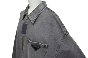 以前同様 PRADA プラダ 23AW ジップアップ デニムジャケット GEC086 グレー トライアングル コットン シルバー金具 サイズXL 中古ロゴ 4c074887 