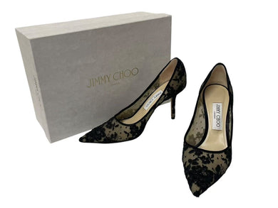 JIMMY CHOO ジミーチュウ LOVE85 レースパンプス ハイヒール レース レザー ブラック ベージュ サイズ37 1/2 美品 中古 4c075010