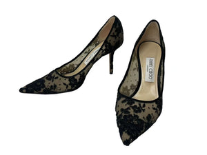 JIMMY CHOO ジミーチュウ LOVE85 レースパンプス ハイヒール レース レザー ブラック ベージュ サイズ37 1/2 美品 中古 4c075010