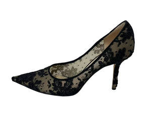 JIMMY CHOO ジミーチュウ LOVE85 レースパンプス ハイヒール レース レザー ブラック ベージュ サイズ37 1/2 美品 中古 4c075010