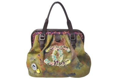 極美品 CHANEL シャネル エンブロイダリー グラフィティ がま口 ハンドバッグ カーキ A92791 アンティークシルバー金具 中古 4c075056