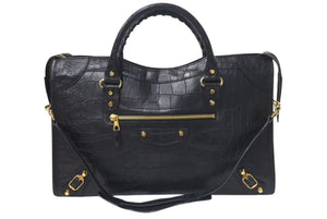BALENCIAGA バレンシアガ City ザシティ ショルダーバッグ ハンドバッグ クロコ型押し レザー 143254 ブラック 美品 中古 4c075068