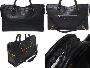 BALENCIAGA バレンシアガ City ザシティ ショルダーバッグ ハンドバッグ クロコ型押し レザー 143254 ブラック 美品 中古 4c075068