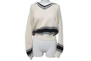 極美品 CHANEL シャネル チルデンニット セーター P60639K46411 サイズ34 ココマーク Vネック ベージュ ブラック 中古 4c075095