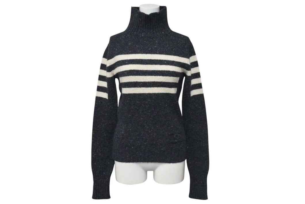 CHANEL シャネル ニット長袖トップス P33784K00923 サイズ34 ココマーク ハイネック チャコールグレー ウール カシミヤ 美品 中古 4c075096