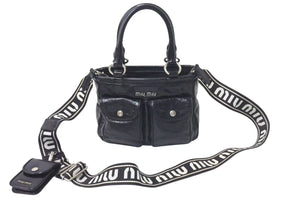 MIUMIU ミュウミュウ 21SS ヴィッテロ 2WAY レザーショルダーバッグ ブラック ナイロン ハンドバッグ シルバー金具 美品 ロゴ 中古 4c075111 