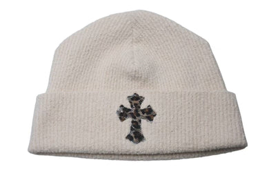 新品未使用 CHROME HEARTS クロムハーツ ハラコ 新作 クロスパッチ ニット帽 ビーニー ホワイト レオパード シルバー金具 OS 中古 4c075135