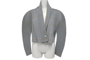 極美品 ISSEY MIYAKE イッセイミヤケ プリーツ ジャケット JG31160 ポリエステル コットン モスグリーン イエロー M 中古 4c075150
