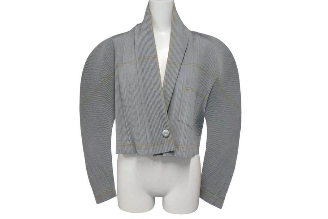 極美品 ISSEY MIYAKE イッセイミヤケ プリーツ ジャケット JG31160 ポリエステル コットン モスグリーン イエロー M 中古 4c075150