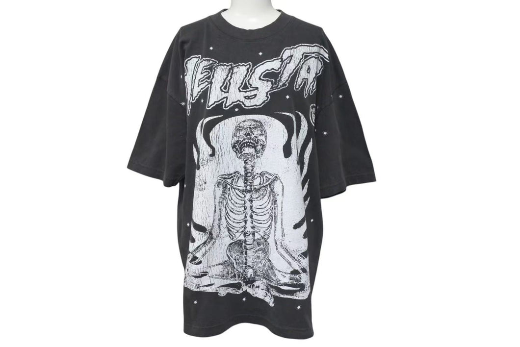 新品未使用 HELLSTAR ヘルスター スケルトン プリント 半袖Ｔシャツ ブラック コットン 骸骨 トップス サイズＬ 中古 4c075183