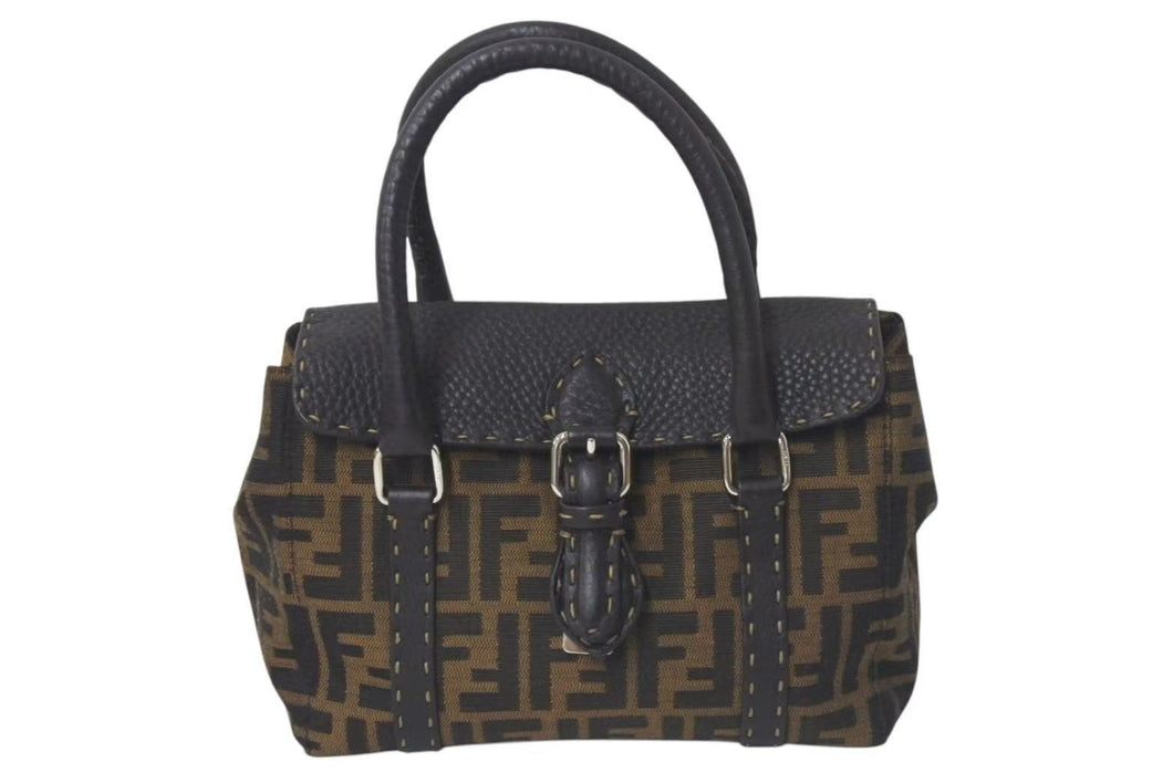 FENDI フェンディ ズッカ柄 セレリア ハンドバッグ AL 75443 キャンバス ブラック ブラウン シルバー 金具 美品 中古 4c075208