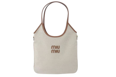 新品未使用 MIUMIU ミュウミュウ ロゴ トートバッグ ショルダーバッグ IVY 5BG231 キャンバス レザー ホワイト ブラウン 中古 4c075237