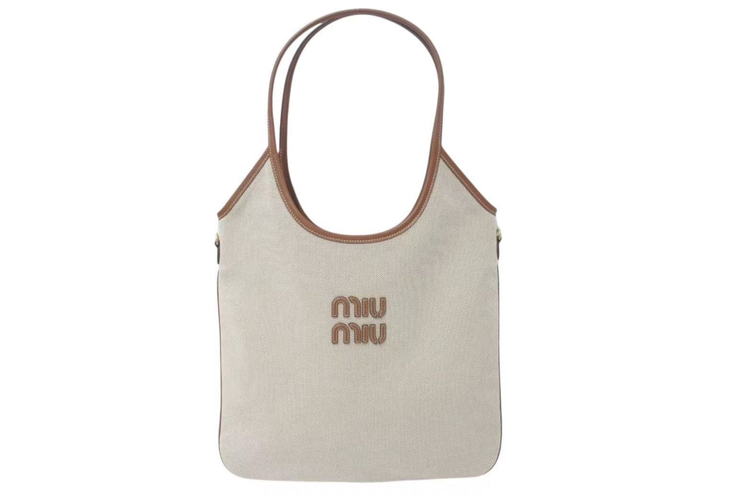新品未使用 MIUMIU ミュウミュウ ロゴ トートバッグ ショルダーバッグ IVY 5BG231 キャンバス レザー ホワイト ブラウン 中古 4c075237
