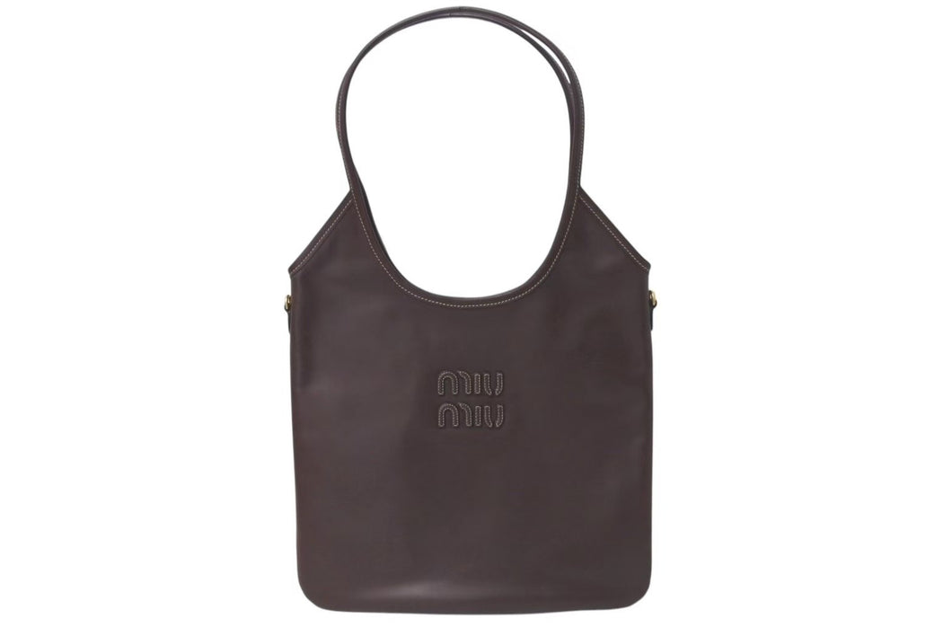 新品未使用 MIUMIU ミュウミュウ IVY アイビー トートバッグ 5BG231 ブラウン レザー ゴールド金具 中古 4c075239