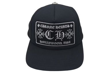 極美品 CHROME HEARTS クロムハーツ トラッカーキャップ ハリウッド CHロゴ刺繍 クロスボール シルバー 925 ブラック 中古 4c075269