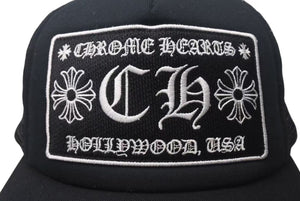 極美品 CHROME HEARTS クロムハーツ トラッカーキャップ ハリウッド CHロゴ刺繍 クロスボール シルバー 925 ブラック 中古 4c075269