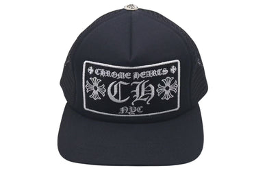 極美品 CHROME HEARTS クロムハーツトラッカーキャップ ニューヨーク CHロゴ刺繍 クロスボール シルバー 925 ブラック 中古 4c075270