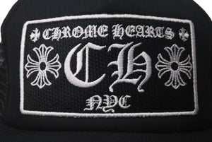 極美品 CHROME HEARTS クロムハーツトラッカーキャップ ニューヨーク CHロゴ刺繍 クロスボール シルバー 925 ブラック 中古 4c075270