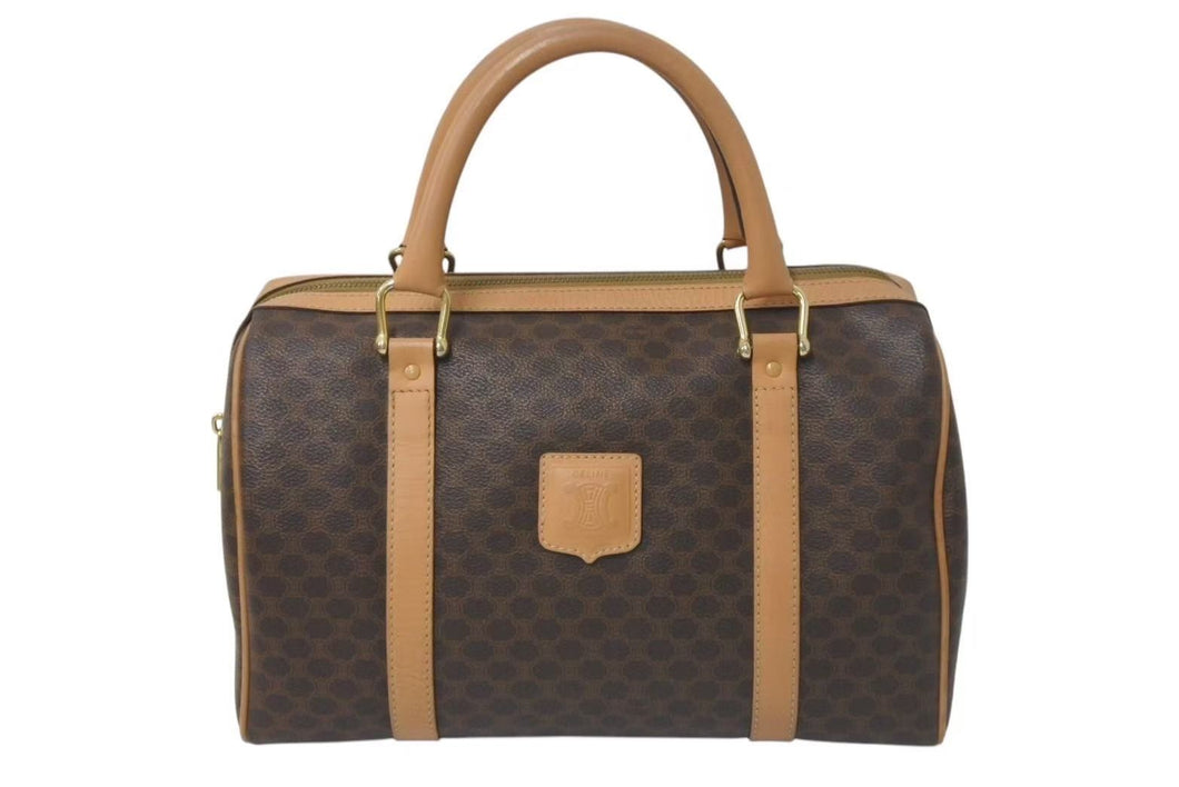 CELINE セリーヌ マカダム柄 ハンドバッグ ベージュ ブラウン PVC レザー ミニボストン ロゴ 鞄 ゴールド金具 美品 中古 4c075304