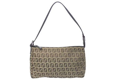 極美品 FENDI フェンディ ハンドバッグ ズッキーノ ポーチ ベージュ ブラウン コットンキャンバス レザー ブラック金具 中古 4c075362 